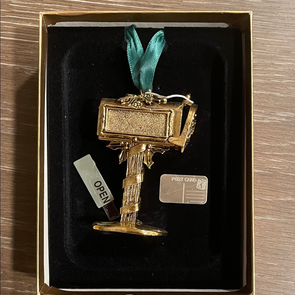 Antique Gold Mailbox Ornament Dollhouse Green Ribbon postcard Christmas 1999